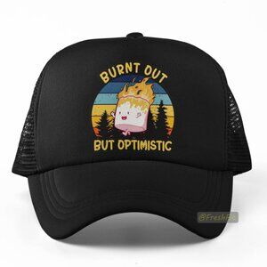 🆕Burnt Out But Optimistic Marshmallow Foam Trucker Hat Mesh Snapback Cap Black